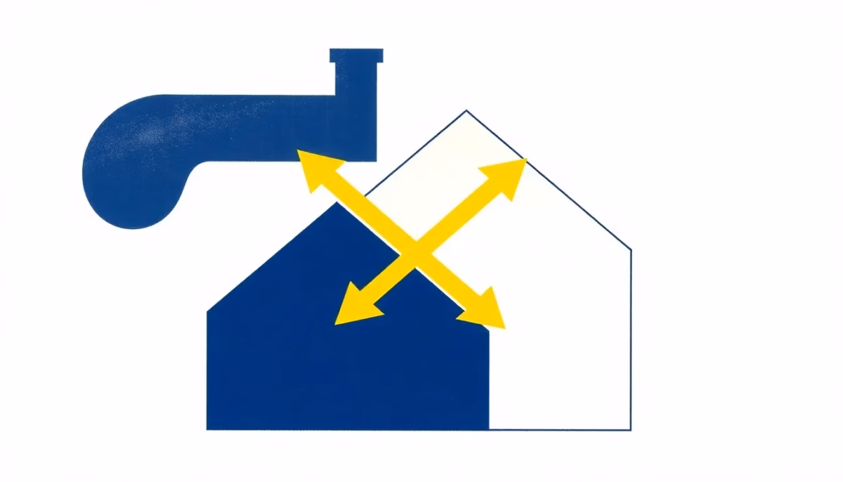Suprematist abstract painting in the style of Kazimir Malevich featuring a mechanical ventilation duct and bold airflow arrows crossing a minimalist house silhouette. Flat geometric composition of deep navy blue and vibrant yellow shapes on a stark white background, flat textures, sharp edges, avant-garde modernist design evoking indoor air renewal in a renovated home. No humans, no text, no lettering.