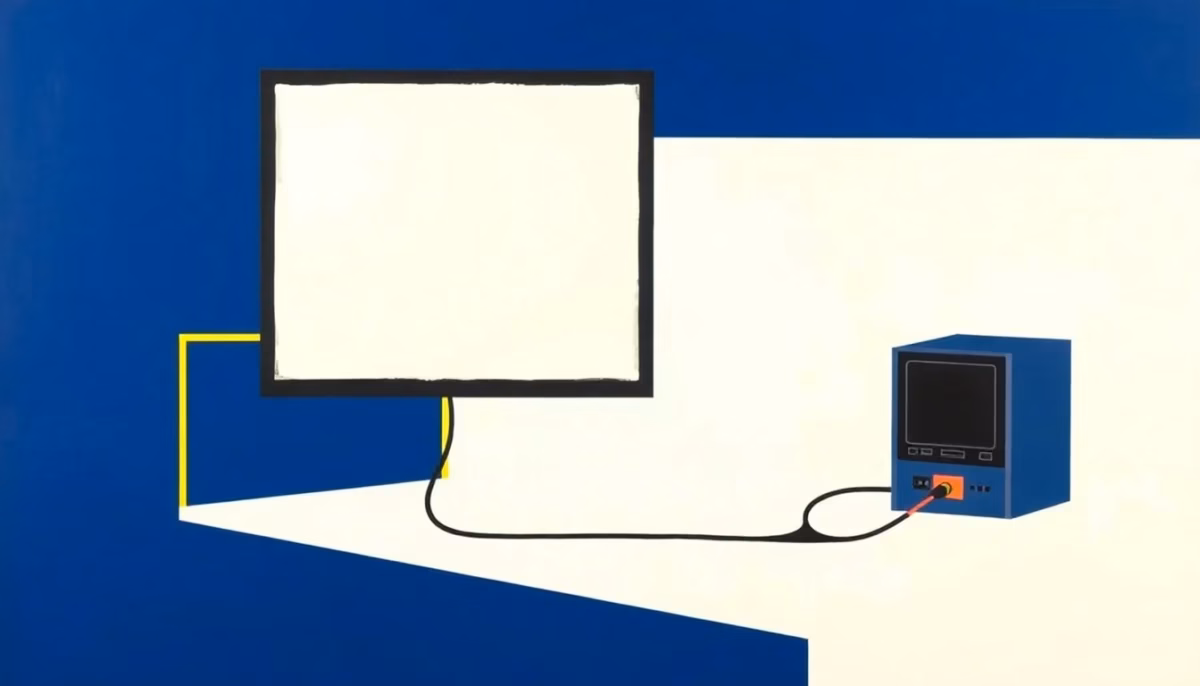 Suprematist abstract painting in the style of Kazimir Malevich featuring a flat-screen television connected to an internet box by a bold geometric cable. Minimalist composition of bold navy blue and vibrant yellow geometric shapes on a stark white background. Flat textures, sharp edges, avant-garde electrical concept. No humans, no text overlay.