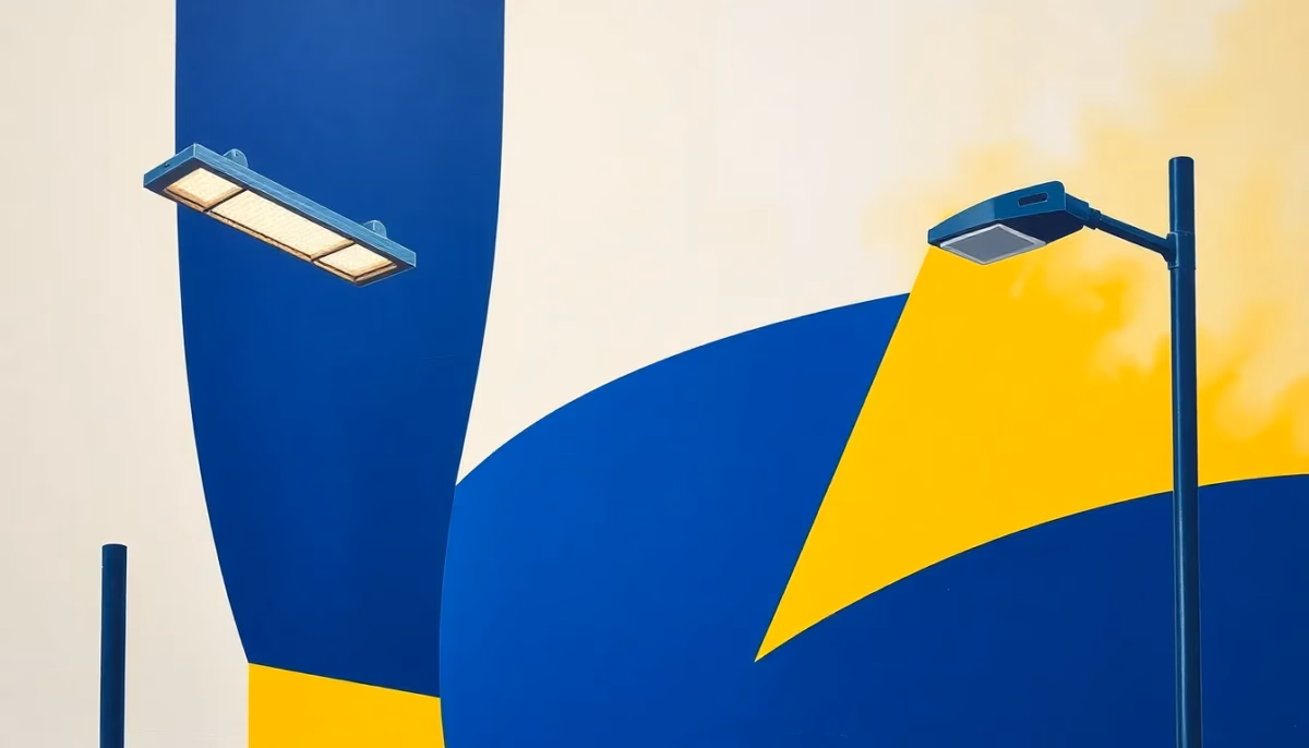 Suprematist abstract painting in the style of Kazimir Malevich depicting aging facade street lamps being swapped for sleek modern LED wall fixtures. Minimalist composition of bold navy blue and vibrant yellow geometric shapes on a stark white background. Flat textures, sharp edges, avant-garde electrical concept art. No humans, no text overlay.