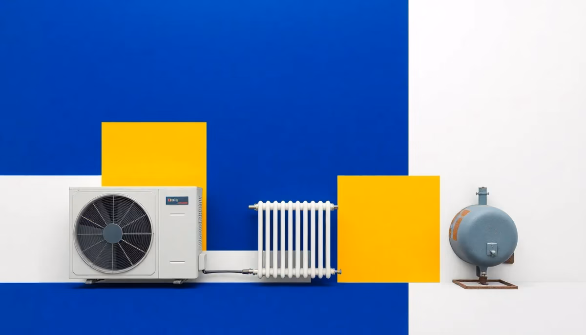 Suprematist abstract painting in the style of Kazimir Malevich featuring a modern air-to-water heat pump outdoor unit and an inertia radiator connected to an abandoned old oil boiler and rusted fuel tank. Minimalist composition of bold navy blue and vibrant yellow geometric shapes, rectangles and diagonal lines on a stark white background. Flat textures, sharp edges, avant-garde electrical and heating transition concept art. No humans, no text.