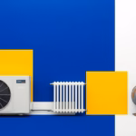 Suprematist abstract painting in the style of Kazimir Malevich featuring a modern air-to-water heat pump outdoor unit and an inertia radiator connected to an abandoned old oil boiler and rusted fuel tank. Minimalist composition of bold navy blue and vibrant yellow geometric shapes, rectangles and diagonal lines on a stark white background. Flat textures, sharp edges, avant-garde electrical and heating transition concept art. No humans, no text.