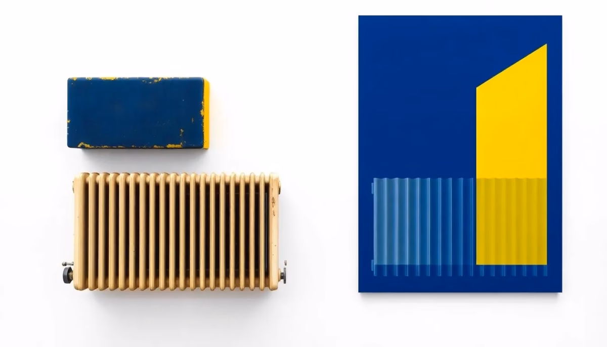 Suprematist abstract painting in the style of Kazimir Malevich showing an old yellowed wall-mounted electric convector heater beside a sleek modern inertia radiator panel. Minimalist avant-garde composition of bold navy blue and vibrant yellow geometric shapes on a stark white background. Flat textures, sharp edges, electrical heating concept art. No humans, no text.