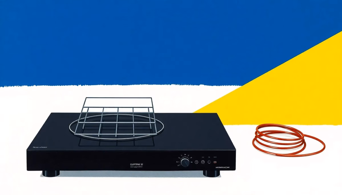 Suprematist abstract painting by Kazimir Malevich featuring a sleek black induction cooktop with a coiled copper power cable and a stack of squared oven racks. Minimalist composition of bold navy blue and vibrant yellow geometric shapes on a stark white background. Flat textures, sharp edges, avant-garde electrical concept. No humans, no text.