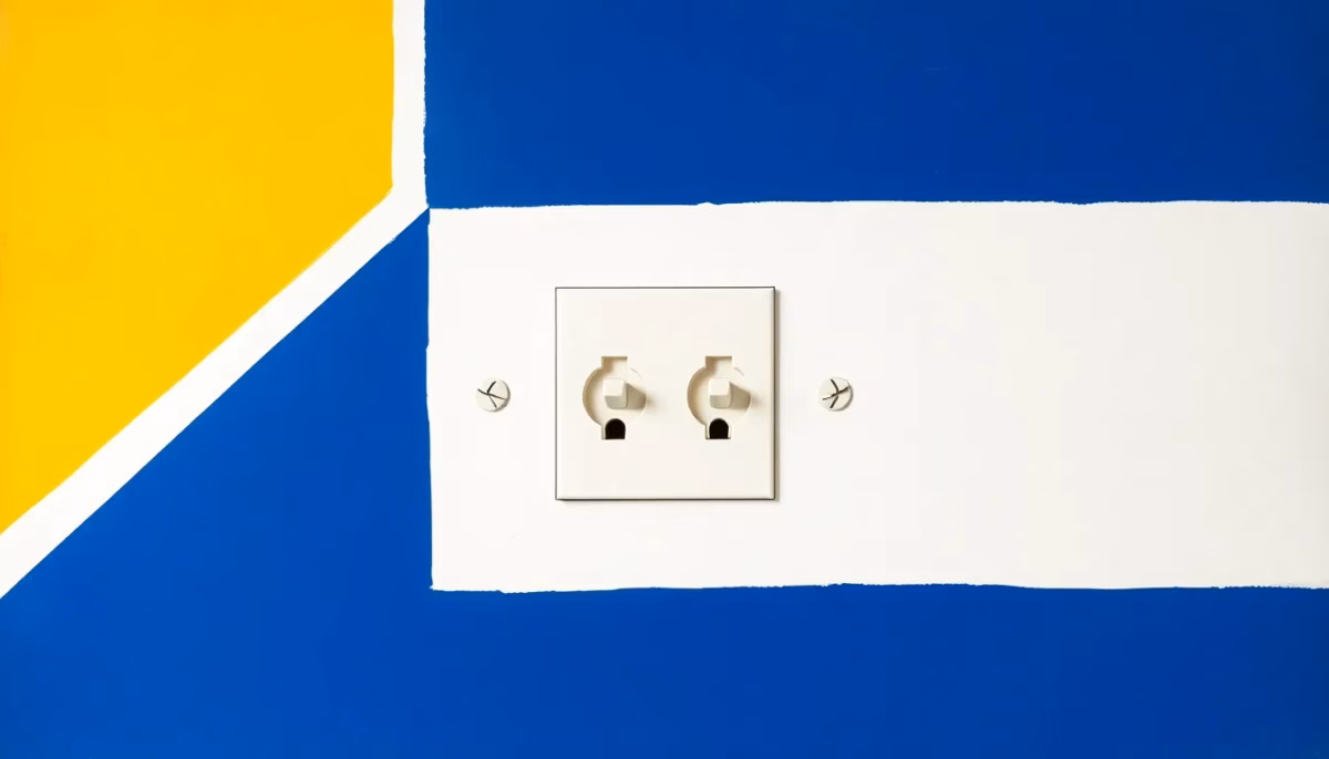 Suprematist abstract painting inspired by Kazimir Malevich featuring a recessed French wall electrical socket with two adjustable metal claw fixing plates gripping a sealed plaster back box. Minimalist composition of bold navy blue and vibrant yellow geometric shapes on a stark white background. Flat textures, sharp clean edges, avant-garde electrical renovation concept, modern editorial illustration style. No humans, no text, no lettering, no watermark.