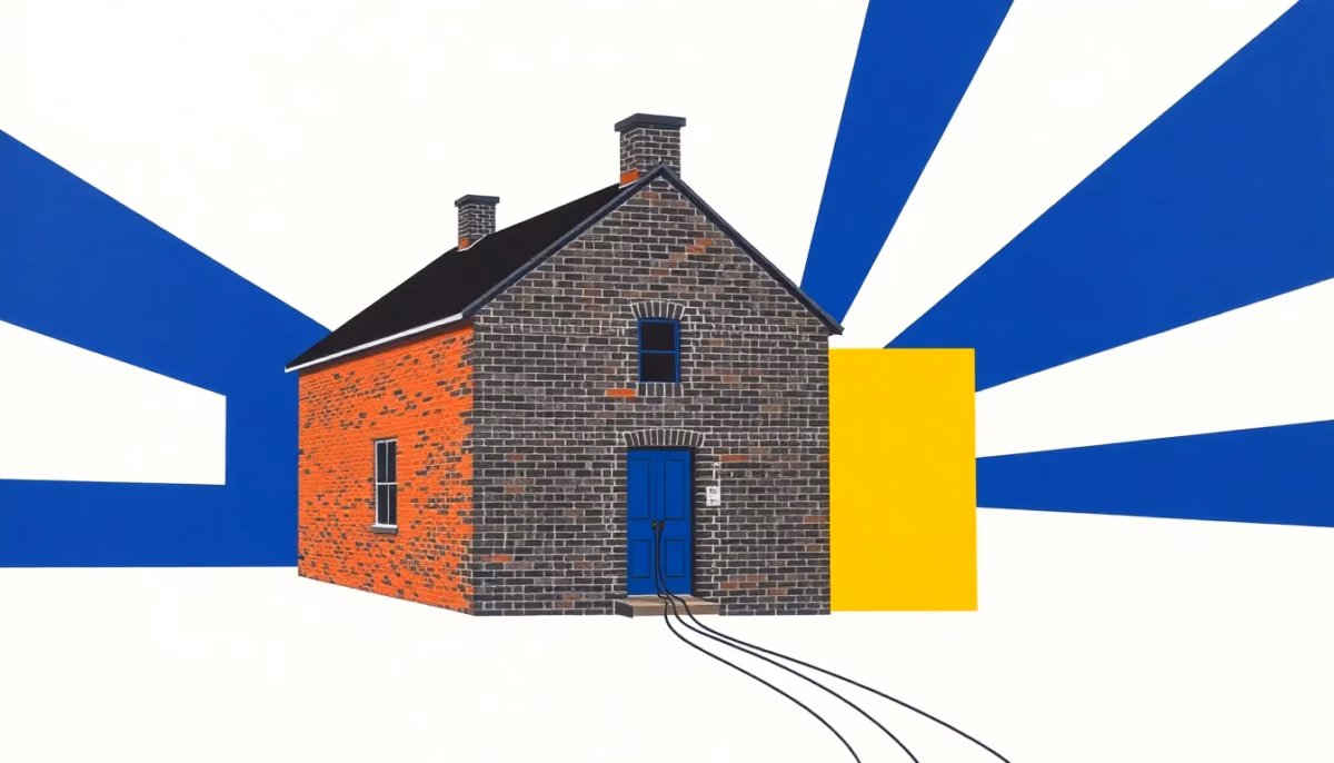 Suprematist abstract painting in the style of Kazimir Malevich: a renovated brick farmhouse connected by bold radiating Ethernet network cables to a central communication switch box. Minimalist flat composition with bold navy blue and vibrant yellow geometric shapes on a stark white background, flat textures, sharp edges, avant-garde electrical concept. No humans, no text.