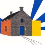 Suprematist abstract painting in the style of Kazimir Malevich: a renovated brick farmhouse connected by bold radiating Ethernet network cables to a central communication switch box. Minimalist flat composition with bold navy blue and vibrant yellow geometric shapes on a stark white background, flat textures, sharp edges, avant-garde electrical concept. No humans, no text.