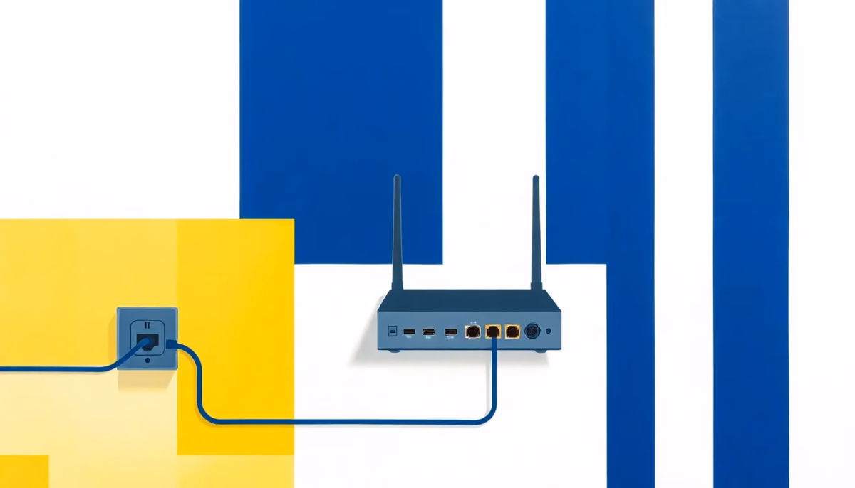 Suprematist abstract painting in the style of Kazimir Malevich featuring a home wired network with a router box connected by bold geometric Ethernet lines to RJ45 wall sockets. Minimalist composition of bold navy blue and vibrant yellow geometric shapes on a stark white background. Flat textures, sharp edges, avant-garde electrical concept. No humans, no text overlay.