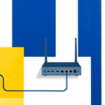 Suprematist abstract painting in the style of Kazimir Malevich featuring a home wired network with a router box connected by bold geometric Ethernet lines to RJ45 wall sockets. Minimalist composition of bold navy blue and vibrant yellow geometric shapes on a stark white background. Flat textures, sharp edges, avant-garde electrical concept. No humans, no text overlay.