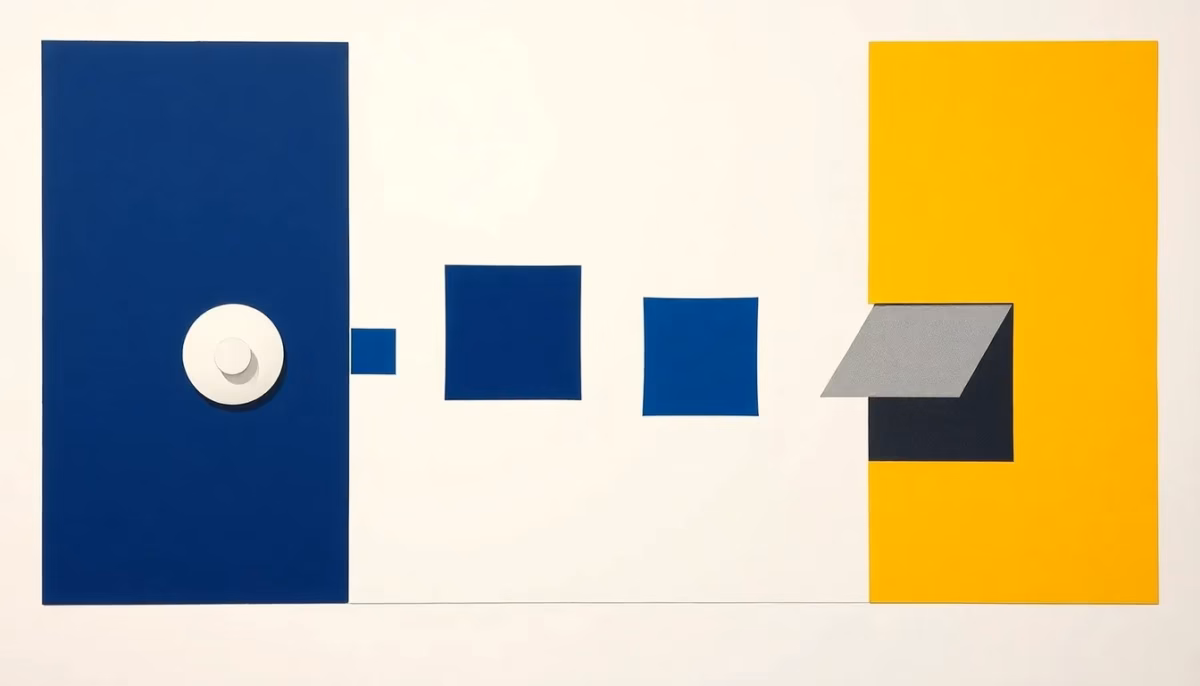 Suprematist abstract painting in the style of Kazimir Malevich featuring a connected home hub orchestrating floating sensor, light bulb and roller-shutter shapes. Minimalist composition of bold navy blue and vibrant yellow geometric shapes on a stark white background. Flat textures, sharp edges, avant-garde home automation concept. No humans, no text, no watermarks.