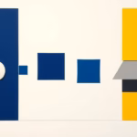 Suprematist abstract painting in the style of Kazimir Malevich featuring a connected home hub orchestrating floating sensor, light bulb and roller-shutter shapes. Minimalist composition of bold navy blue and vibrant yellow geometric shapes on a stark white background. Flat textures, sharp edges, avant-garde home automation concept. No humans, no text, no watermarks.
