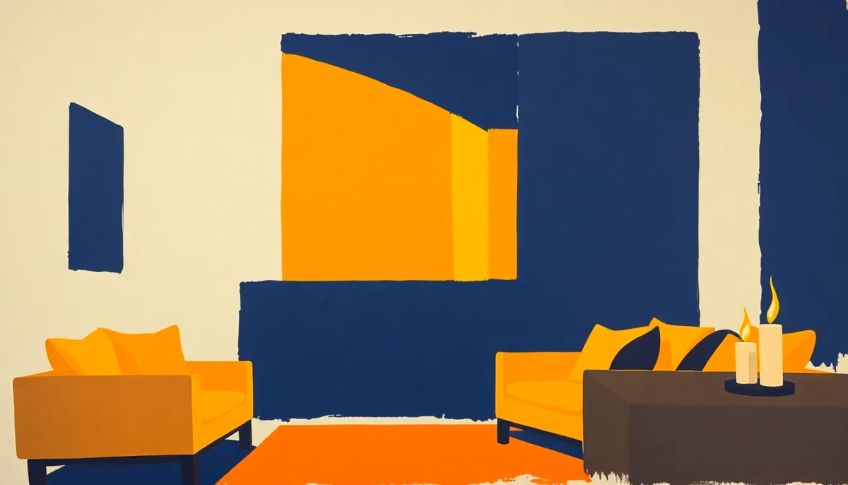 Suprematist abstract painting in the style of Kazimir Malevich depicting a warm evening living room bathed in layered glowing lamp light with a small flickering candle flame. Minimalist composition of bold navy blue and vibrant yellow geometric shapes floating on a stark white background, evoking multiple superimposed lighting sources creating a cozy atmosphere. Flat textures, sharp edges, avant-garde interpretation of smart home lighting scenes. No humans, no text.