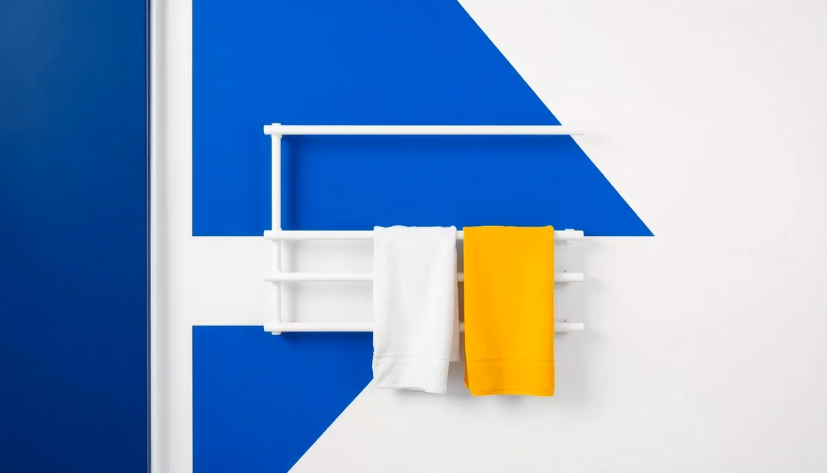 Suprematist abstract painting by Kazimir Malevich featuring a wall-mounted electric towel radiator with two towels hanging in a bathroom. Minimalist composition of bold navy blue and vibrant yellow geometric shapes on a stark white background. Flat textures, sharp edges, avant-garde electrical product concept. No people, no text.