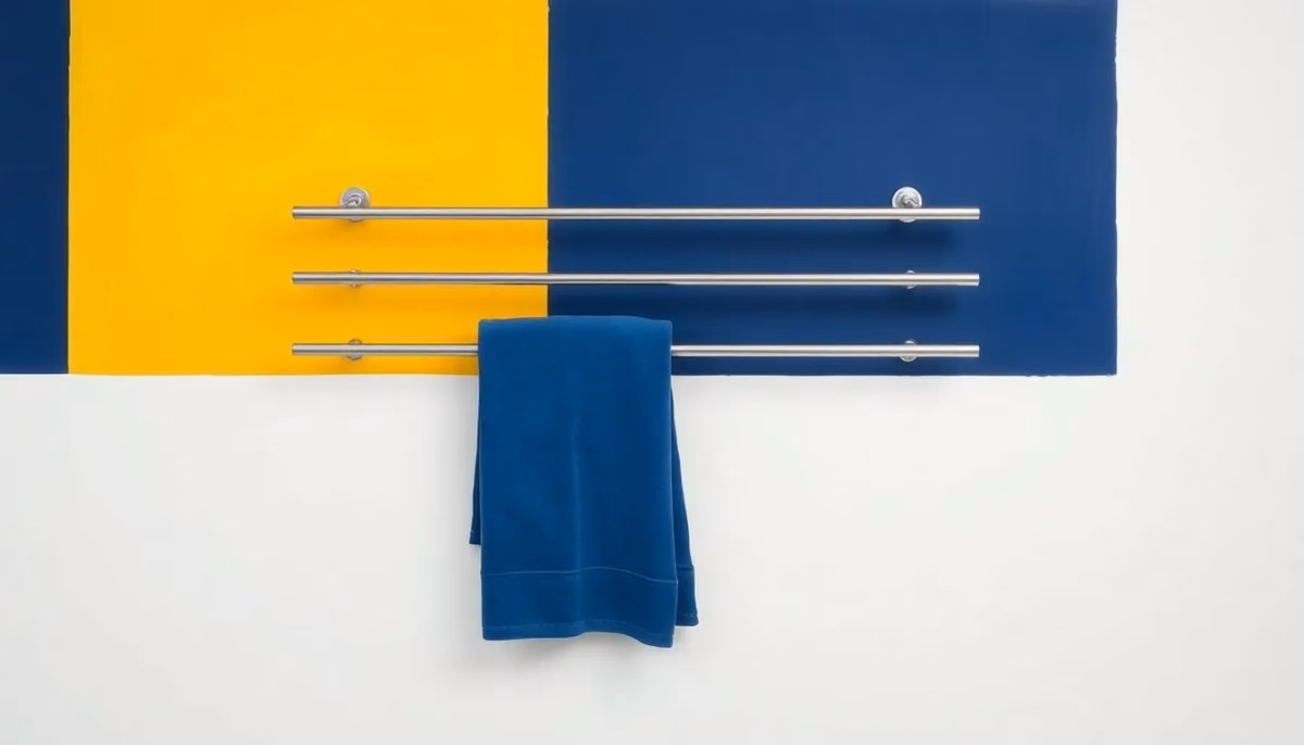 Suprematist abstract painting in the style of Kazimir Malevich featuring a modern towel-drying radiator with horizontal hanging bars. Minimalist composition of bold navy blue and vibrant yellow geometric shapes on a stark white background. Flat textures, sharp edges, avant-garde electrical concept. No humans, no text.