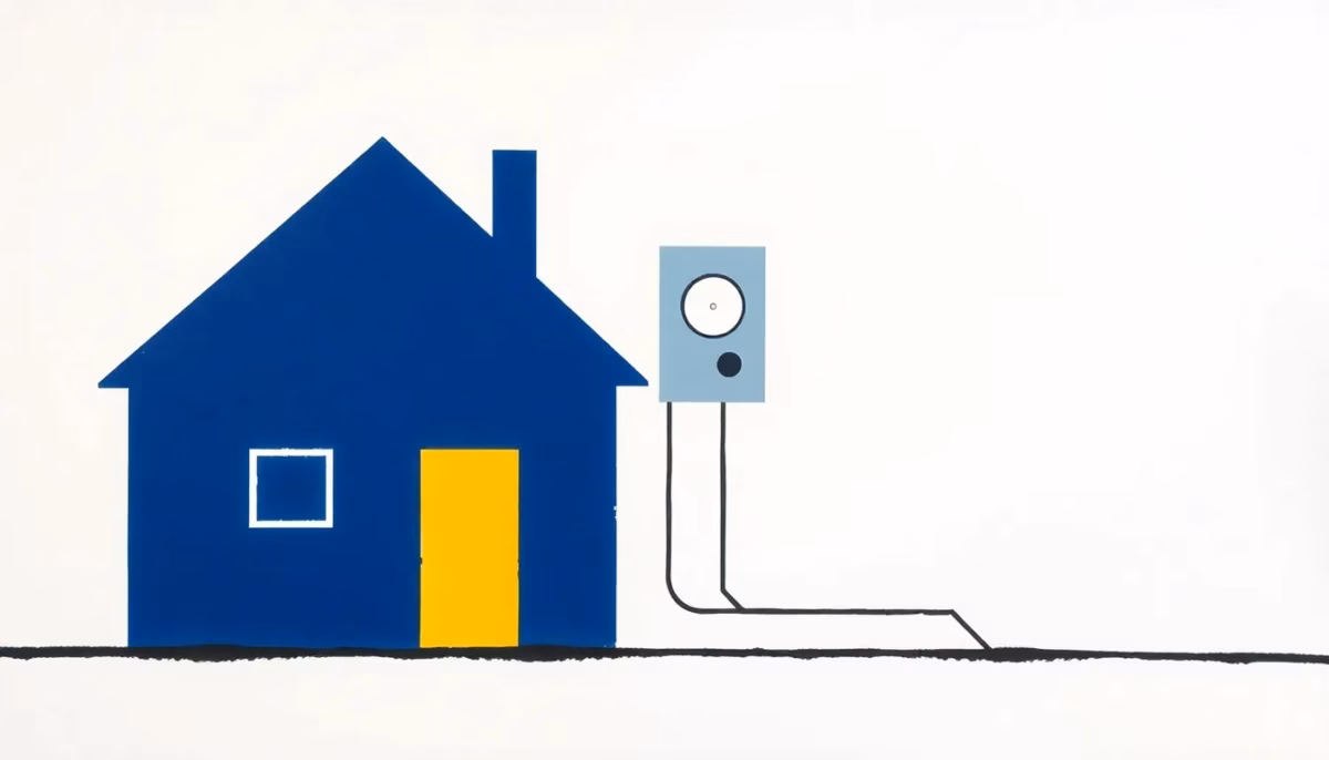 Suprematist abstract painting in the style of Kazimir Malevich featuring two houses connected to a single electricity meter, split by a bold diagonal divider line. Minimalist composition of bold navy blue and vibrant yellow geometric shapes on a stark white background. Flat textures, sharp edges, avant-garde electrical concept. No humans, no text overlay.