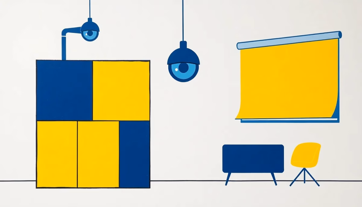 Suprematist abstract painting in the style of Kazimir Malevich featuring a connected smart home under remote surveillance: geometric alarm control panel, camera lens and automated rolling shutter shapes. Minimalist composition of bold navy blue and vibrant yellow geometric shapes on a stark white background. Flat textures, sharp edges, avant-garde electrical concept. No humans, no text.