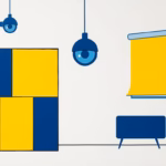Suprematist abstract painting in the style of Kazimir Malevich featuring a connected smart home under remote surveillance: geometric alarm control panel, camera lens and automated rolling shutter shapes. Minimalist composition of bold navy blue and vibrant yellow geometric shapes on a stark white background. Flat textures, sharp edges, avant-garde electrical concept. No humans, no text.