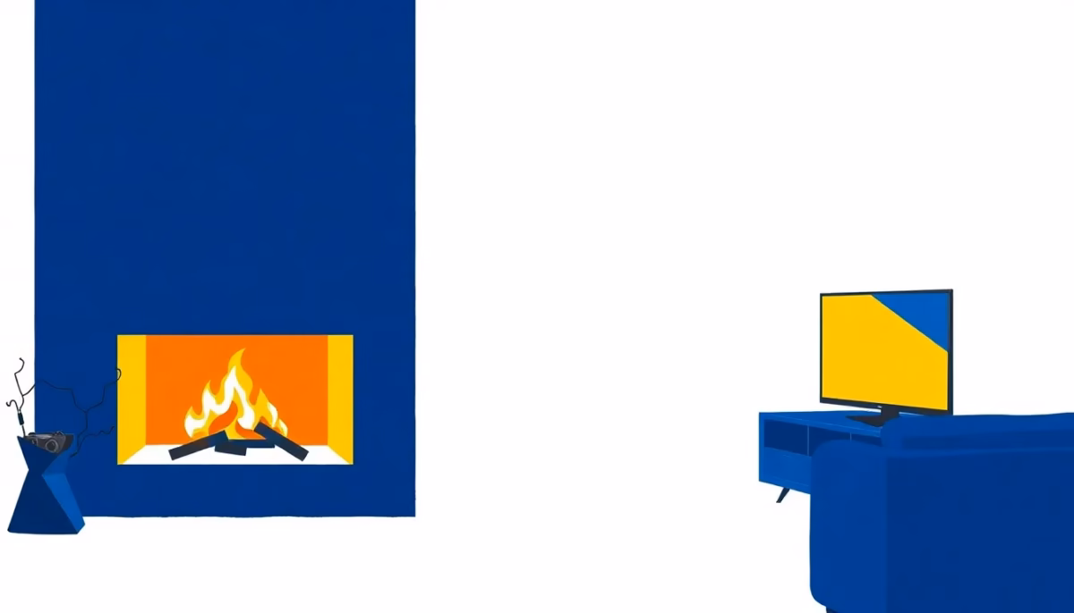 Suprematist abstract painting in the style of Kazimir Malevich depicting a winter fireplace beside a video game console and a television in a cozy family living room. Minimalist composition of bold navy blue and vibrant yellow geometric shapes on a stark white background. Flat textures, sharp edges, avant-garde electrical safety concept. No humans, no text.
