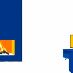 Suprematist abstract painting in the style of Kazimir Malevich depicting a winter fireplace beside a video game console and a television in a cozy family living room. Minimalist composition of bold navy blue and vibrant yellow geometric shapes on a stark white background. Flat textures, sharp edges, avant-garde electrical safety concept. No humans, no text.