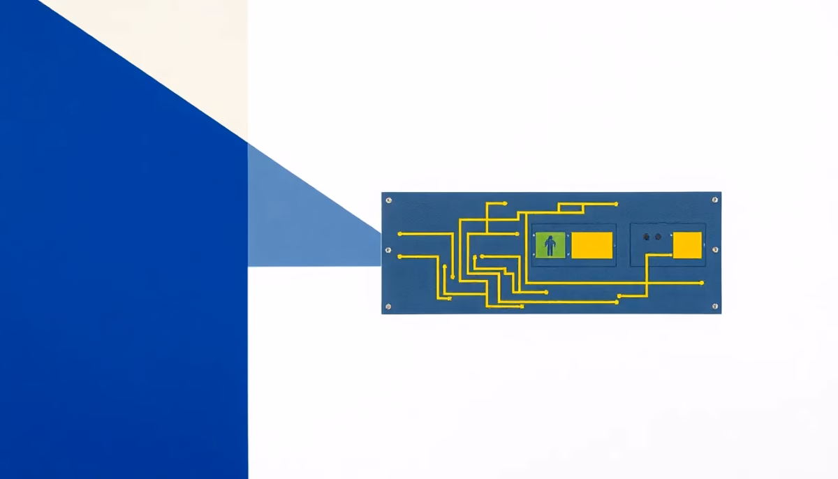 Suprematist abstract painting in the style of Kazimir Malevich featuring a modern electrical distribution board with separate circuit lines radiating outward like geometric branches. Minimalist composition of bold navy blue and vibrant yellow geometric shapes on a stark white background. Flat textures, sharp edges, avant-garde electrical concept. No humans, no text.