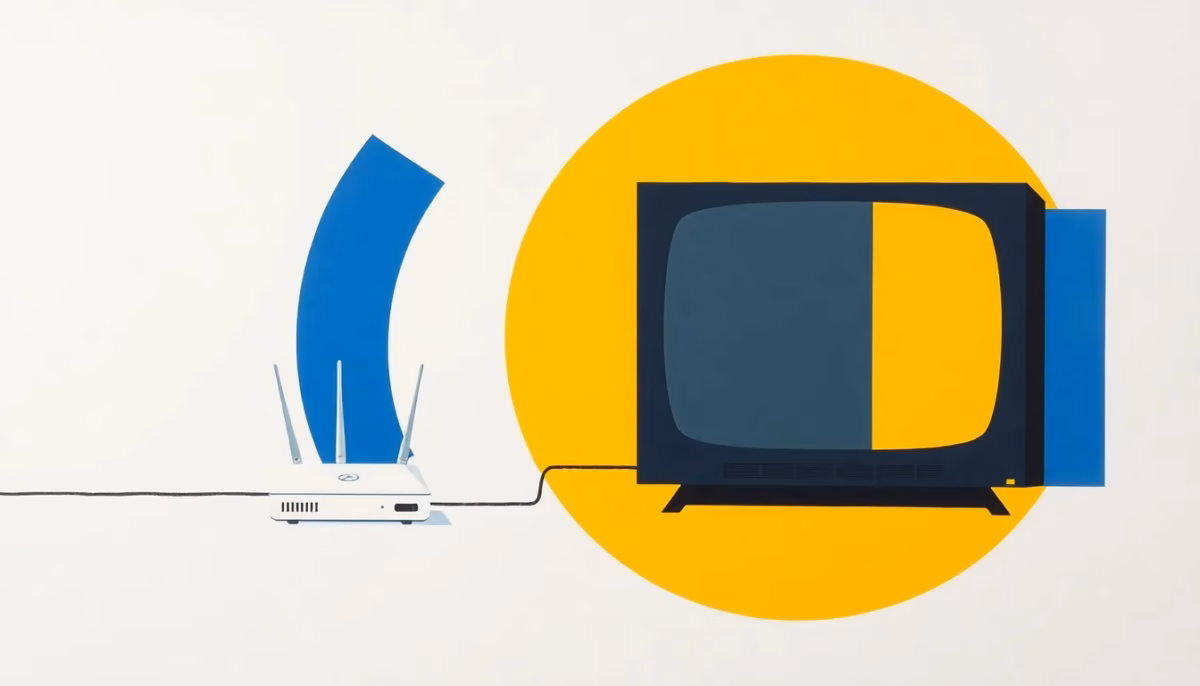 Suprematist abstract painting in the style of Kazimir Malevich, featuring a modern flat-screen Smart TV and a Wi-Fi router connected by bold geometric signal waves. Minimalist avant-garde composition of vibrant navy blue and yellow geometric shapes on a stark white background. Flat textures, sharp edges, avant-garde electrical networking concept. No humans, no text overlay.