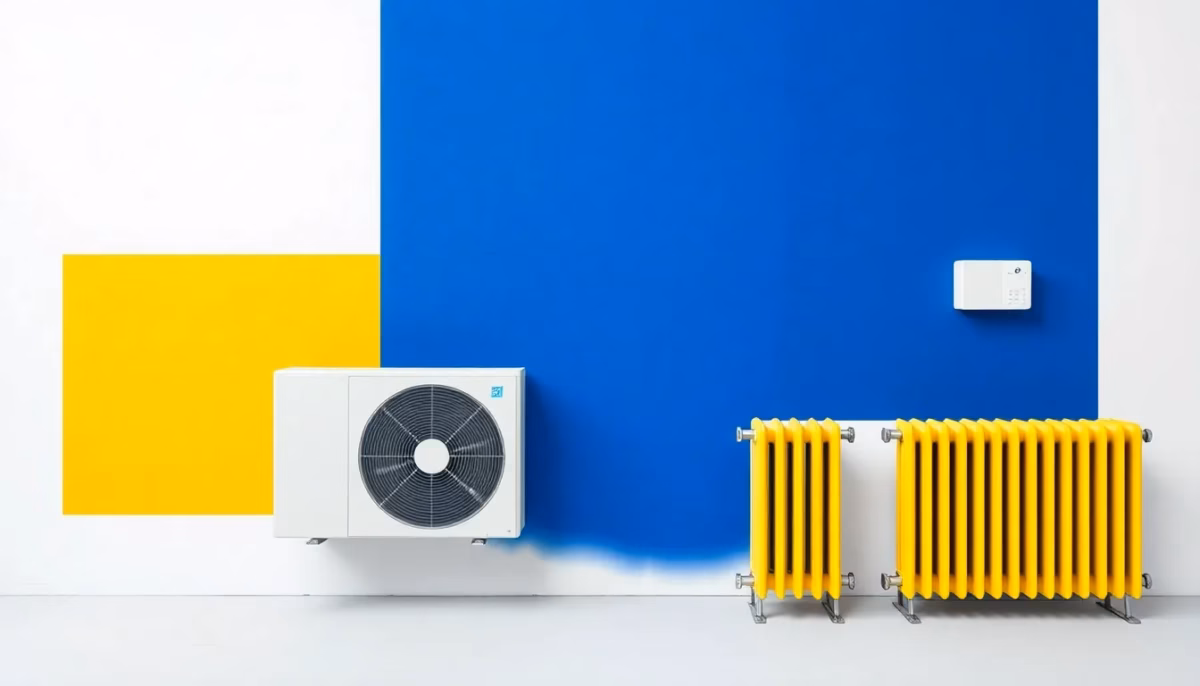 Suprematist abstract painting in the style of Kazimir Malevich showing a fuel oil tank transforming into a heat pump unit and electric radiators. Minimalist composition of bold navy blue and vibrant yellow geometric shapes on a stark white background. Flat textures, sharp edges, avant-garde electrical concept. No humans, no text.