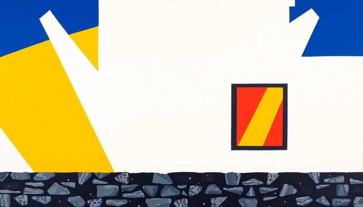 Suprematist abstract painting in the style of Kazimir Malevich depicting facade spotlights projecting bold diagonal light beams onto a stone house wall. Minimalist composition of deep navy blue and vibrant yellow geometric shapes arranged on a stark white background. Flat textures, sharp edges, avant-garde interpretation of outdoor architectural lighting. No humans, no text.