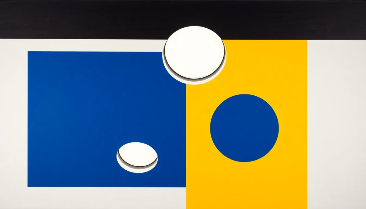 Suprematist abstract painting in the style of Kazimir Malevich featuring recessed circular spotlights cut into dark wooden ceiling beams. Minimalist composition of bold navy blue and vibrant yellow geometric shapes on a stark white background. Flat textures, sharp edges, avant-garde electrical concept. No humans, no text overlay.