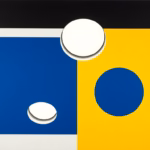 Suprematist abstract painting in the style of Kazimir Malevich featuring recessed circular spotlights cut into dark wooden ceiling beams. Minimalist composition of bold navy blue and vibrant yellow geometric shapes on a stark white background. Flat textures, sharp edges, avant-garde electrical concept. No humans, no text overlay.