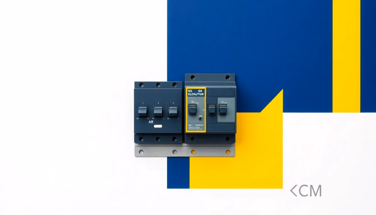Suprematist abstract painting inspired by Kazimir Malevich featuring a residential electrical distribution panel with circuit breakers clipped on a DIN rail. Minimalist composition of bold navy blue and vibrant yellow geometric shapes on a stark white background. Flat textures, sharp edges, avant-garde electrical concept. No humans, no text, no lettering.