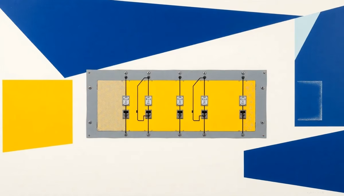 Suprematist abstract painting in the style of Kazimir Malevich featuring an electrical distribution panel with branching circuits. Minimalist composition of bold navy blue and vibrant yellow geometric shapes on a stark white background. Flat textures, sharp edges, avant-garde electrical concept. No humans, no text.