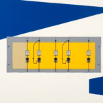 Suprematist abstract painting in the style of Kazimir Malevich featuring an electrical distribution panel with branching circuits. Minimalist composition of bold navy blue and vibrant yellow geometric shapes on a stark white background. Flat textures, sharp edges, avant-garde electrical concept. No humans, no text.