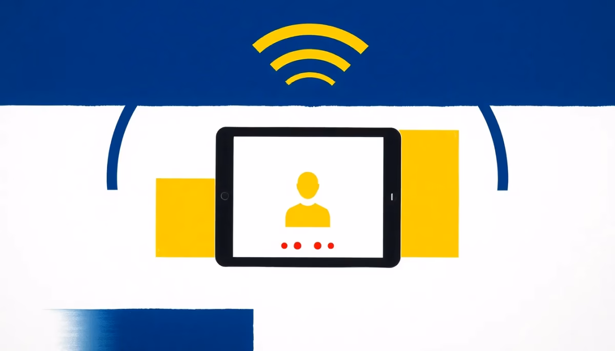 Suprematist abstract painting in the style of Kazimir Malevich featuring a simplified tablet device with a video call screen and radiating WiFi signal waves. Minimalist avant-garde composition of bold navy blue and vibrant yellow geometric shapes on a stark white background, evoking digital connection for elderly people at home. Flat textures, sharp edges, clean graphic style. No humans, no text, no lettering.