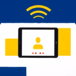 Suprematist abstract painting in the style of Kazimir Malevich featuring a simplified tablet device with a video call screen and radiating WiFi signal waves. Minimalist avant-garde composition of bold navy blue and vibrant yellow geometric shapes on a stark white background, evoking digital connection for elderly people at home. Flat textures, sharp edges, clean graphic style. No humans, no text, no lettering.