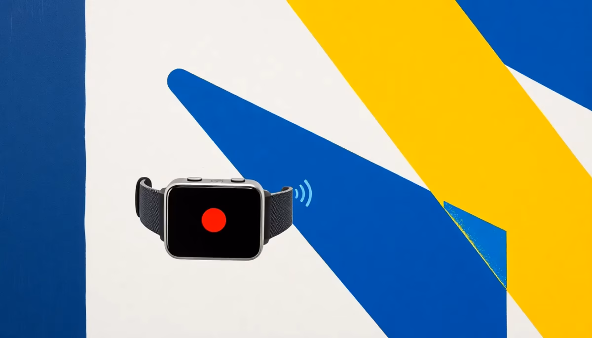 Suprematist abstract painting in the style of Kazimir Malevich featuring a modern senior emergency alert bracelet and a connected safety watch. Minimalist composition of bold navy blue and vibrant yellow geometric shapes on a stark white background. Flat textures, sharp edges, avant-garde electrical concept, no humans, no text.