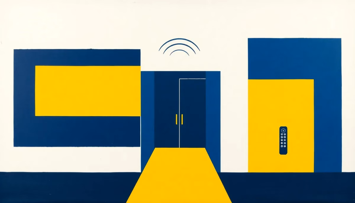Suprematist abstract painting inspired by Kazimir Malevich featuring a gate remote control emitting radio signal waves toward a motorized portal gate. Minimalist composition of bold navy blue and vibrant yellow geometric shapes on a stark white background. Flat textures, sharp edges, avant-garde electrical concept. No humans, no text.