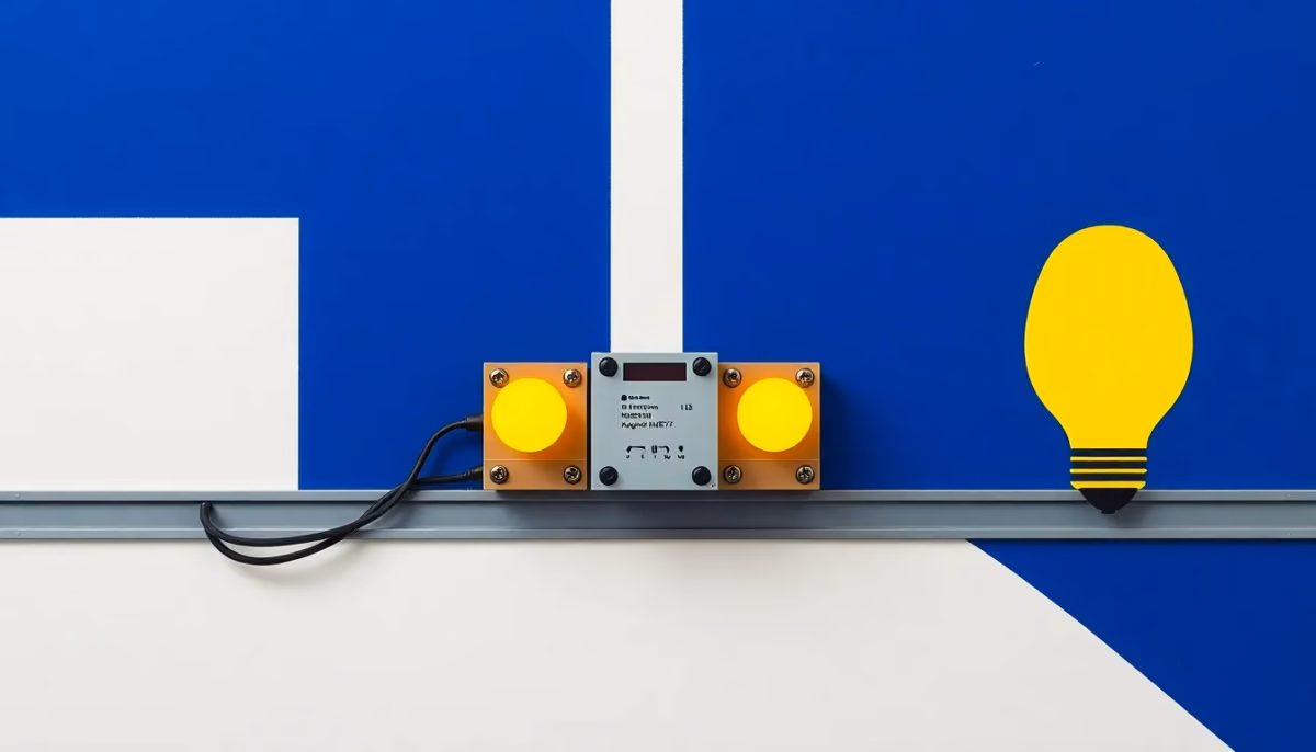 Abstract suprematist painting in the style of Kazimir Malevich showing an electrical impulse relay module mounted on a DIN rail, wired to push button switches and glowing lamp shapes. Minimalist composition of bold navy blue and vibrant yellow geometric shapes on a stark white background. Flat textures, sharp edges, avant-garde electrical concept art. No humans, no text, no lettering.