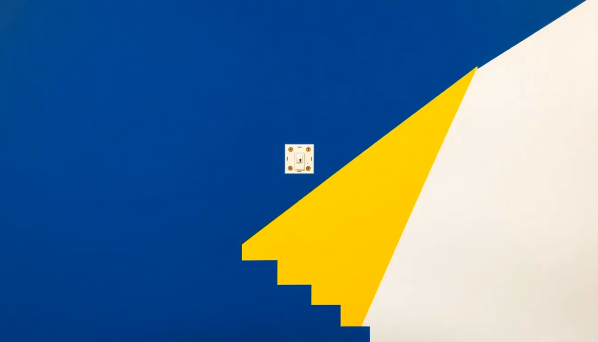 Suprematist abstract painting inspired by Kazimir Malevich, featuring the silhouette of a staircase crossed by a modular electrical relay switch mounted on a DIN rail, surrounded by glowing light rays. Minimalist composition of bold navy blue and vibrant yellow geometric shapes on a stark white background. Flat textures, sharp edges, avant-garde electrical concept. No humans, no text overlay.