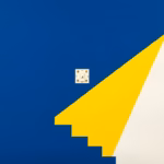 Suprematist abstract painting inspired by Kazimir Malevich, featuring the silhouette of a staircase crossed by a modular electrical relay switch mounted on a DIN rail, surrounded by glowing light rays. Minimalist composition of bold navy blue and vibrant yellow geometric shapes on a stark white background. Flat textures, sharp edges, avant-garde electrical concept. No humans, no text overlay.