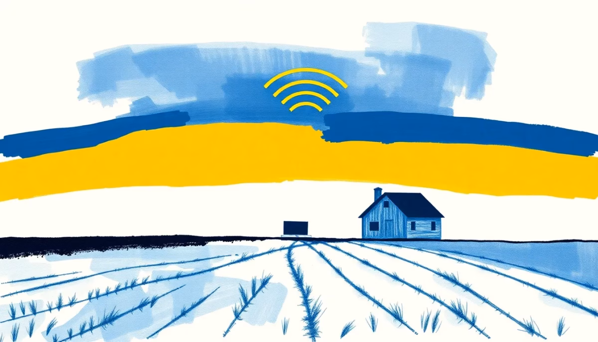Suprematist abstract painting in the style of Kazimir Malevich depicting a lone rural farmhouse with a laptop, a router and radiating Wi-Fi signal arcs above open fields. Minimalist composition of bold navy blue and vibrant yellow geometric shapes on a stark white background. Flat textures, sharp edges, avant-garde concept of reliable rural connectivity and home electricity. No humans, no text, no lettering, no text overlay.