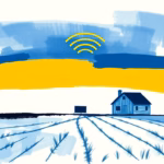 Suprematist abstract painting in the style of Kazimir Malevich depicting a lone rural farmhouse with a laptop, a router and radiating Wi-Fi signal arcs above open fields. Minimalist composition of bold navy blue and vibrant yellow geometric shapes on a stark white background. Flat textures, sharp edges, avant-garde concept of reliable rural connectivity and home electricity. No humans, no text, no lettering, no text overlay.