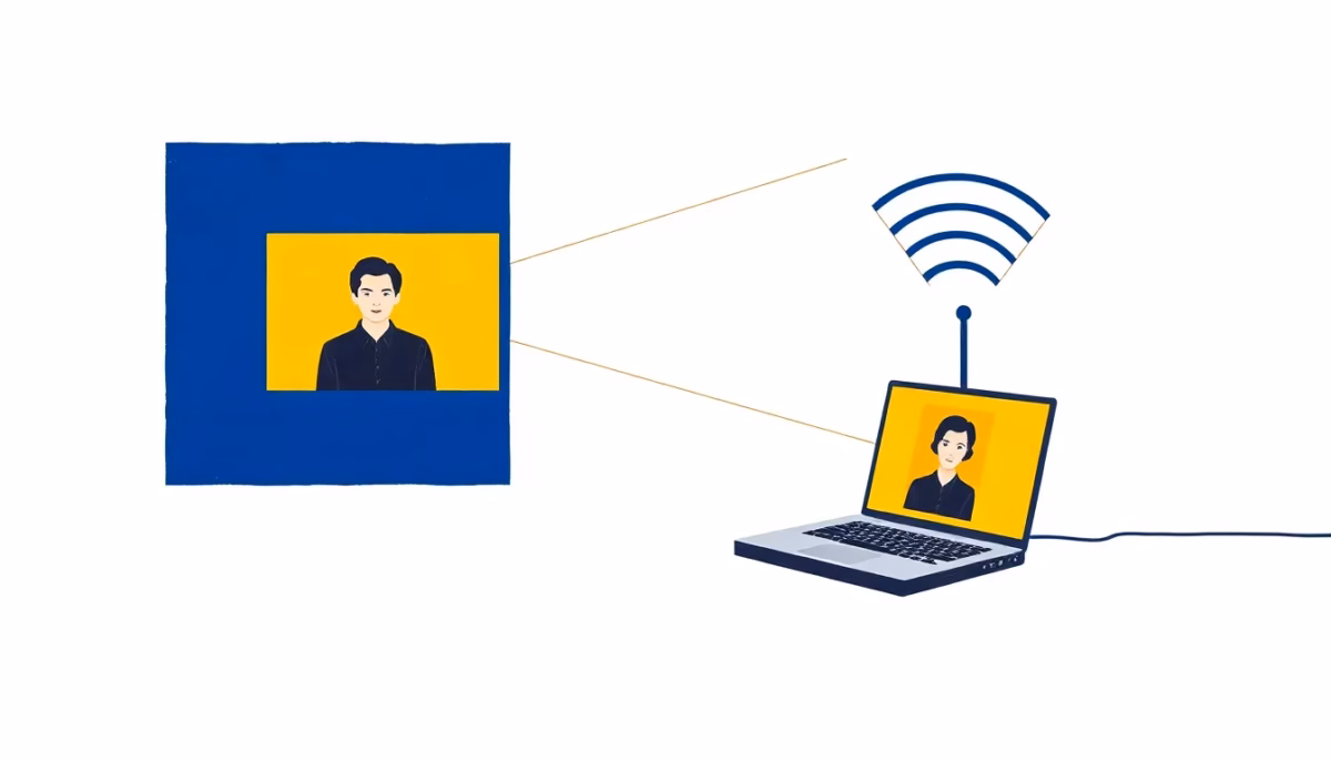 Suprematist abstract painting inspired by Kazimir Malevich featuring a laptop computer connected by cable to a Wi-Fi router emitting geometric signal waves toward a video call screen. Minimalist composition of bold navy blue and vibrant yellow geometric shapes on a stark white background. Flat textures, sharp edges, avant-garde electrical concept, clean flat graphic design. No humans, no text, no text overlay.