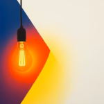 Suprematist abstract painting inspired by Kazimir Malevich featuring glowing light bulbs emitting warm amber and cool blue color temperature rays. Minimalist composition of bold navy blue and vibrant yellow geometric shapes on a stark white background. Flat textures, sharp edges, avant-garde electrical concept. No humans, no text, no text overlay.