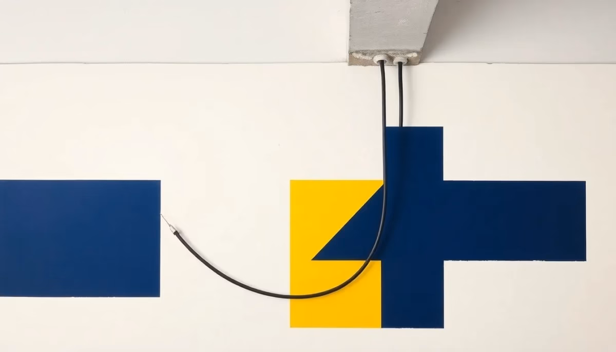 Suprematist abstract painting in the style of Kazimir Malevich showing an electrical cable being pulled through a curved conduit beneath an old wooden ceiling beam. Minimalist composition with bold navy blue and vibrant yellow geometric shapes on a stark white background. Flat textures, sharp edges, avant-garde electrical concept. No humans, no text.