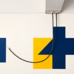 Suprematist abstract painting in the style of Kazimir Malevich showing an electrical cable being pulled through a curved conduit beneath an old wooden ceiling beam. Minimalist composition with bold navy blue and vibrant yellow geometric shapes on a stark white background. Flat textures, sharp edges, avant-garde electrical concept. No humans, no text.