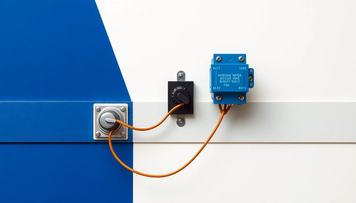 Suprematist abstract painting by Kazimir Malevich featuring an antique bakelite toggle switch being rewired with copper wires and a modular impulse relay clipped on a DIN rail. Minimalist composition of bold navy blue and vibrant yellow geometric shapes on a stark white background. Flat textures, sharp edges, avant-garde electrical concept. ##no humans##, ##no text##.