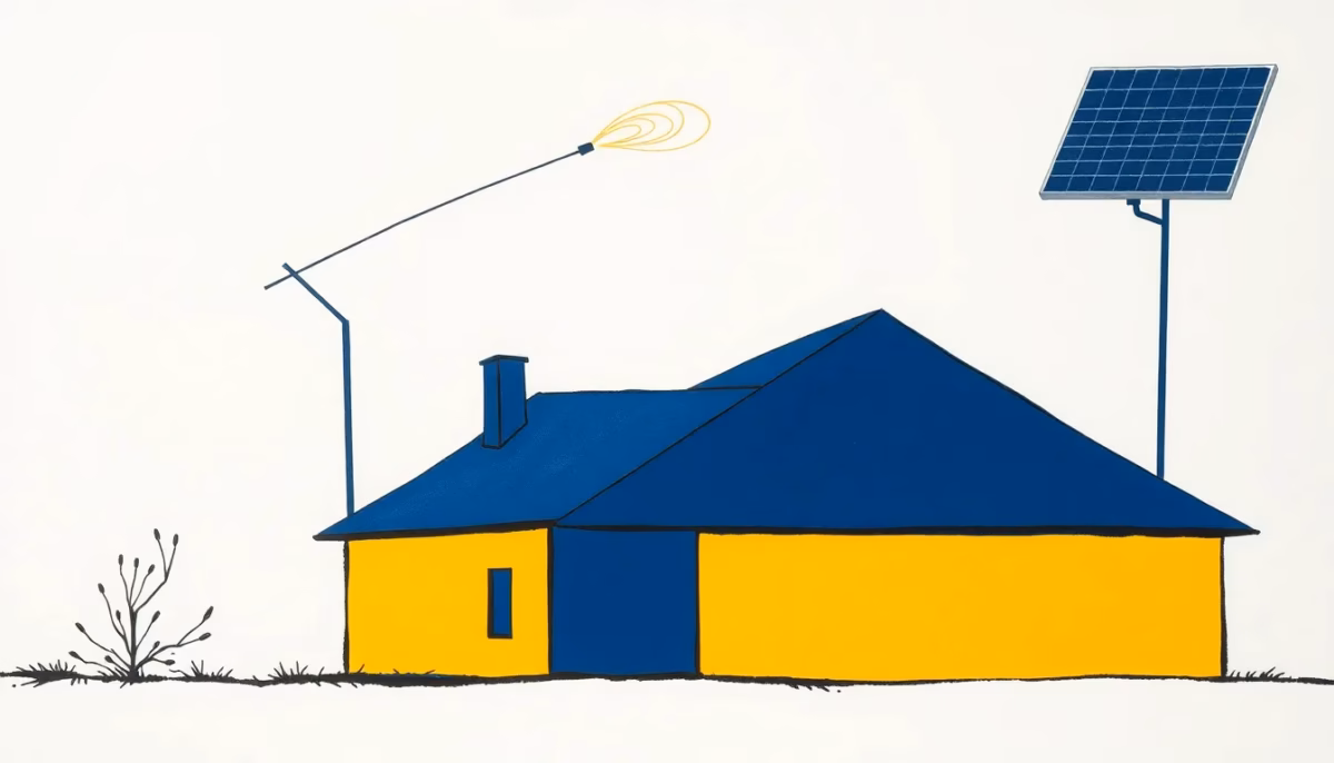 Suprematist abstract painting in the style of Kazimir Malevich depicting a wind-battered rural farmhouse rooftop with a bent TV antenna, a tilted solar panel and swirling diagonal wind streaks. Minimalist composition of bold navy blue and vibrant yellow geometric shapes on a stark white background. Flat textures, sharp edges, avant-garde electrical concept. No humans, no text.