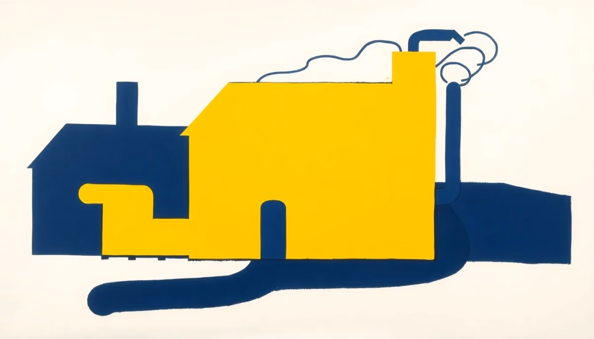 Suprematist abstract painting in the style of Kazimir Malevich featuring a stylized countryside farmhouse surrounded by geometric airflow streams and ventilation ducts purifying the air. Minimalist composition of bold navy blue and vibrant yellow geometric shapes on a stark white background. Flat textures, sharp edges, avant-garde electrical concept. No humans, no text overlay.