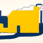 Suprematist abstract painting in the style of Kazimir Malevich featuring a stylized countryside farmhouse surrounded by geometric airflow streams and ventilation ducts purifying the air. Minimalist composition of bold navy blue and vibrant yellow geometric shapes on a stark white background. Flat textures, sharp edges, avant-garde electrical concept. No humans, no text overlay.