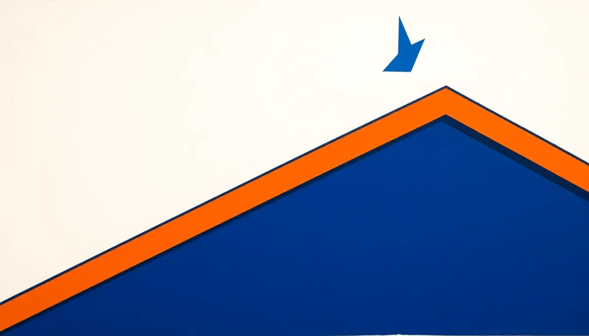 Suprematist abstract painting by Kazimir Malevich featuring an attic roof cross-section with bold airflow ventilation arrows and geometric roof beams. Minimalist composition of bold navy blue and vibrant yellow geometric shapes on a stark white background. Flat textures, sharp edges, avant-garde ventilation concept. ##no humans##, ##no text##