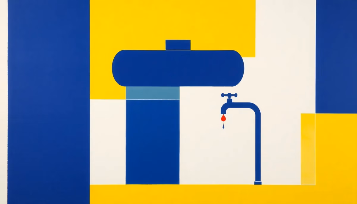 Suprematist abstract painting inspired by Kazimir Malevich depicting a geometric water heater tank, a dripping faucet and a wrench. Minimalist composition of bold navy blue and vibrant yellow geometric shapes on a stark white background. Flat textures, sharp edges, avant-garde plumbing concept. No humans, no text, no lettering, no watermark.